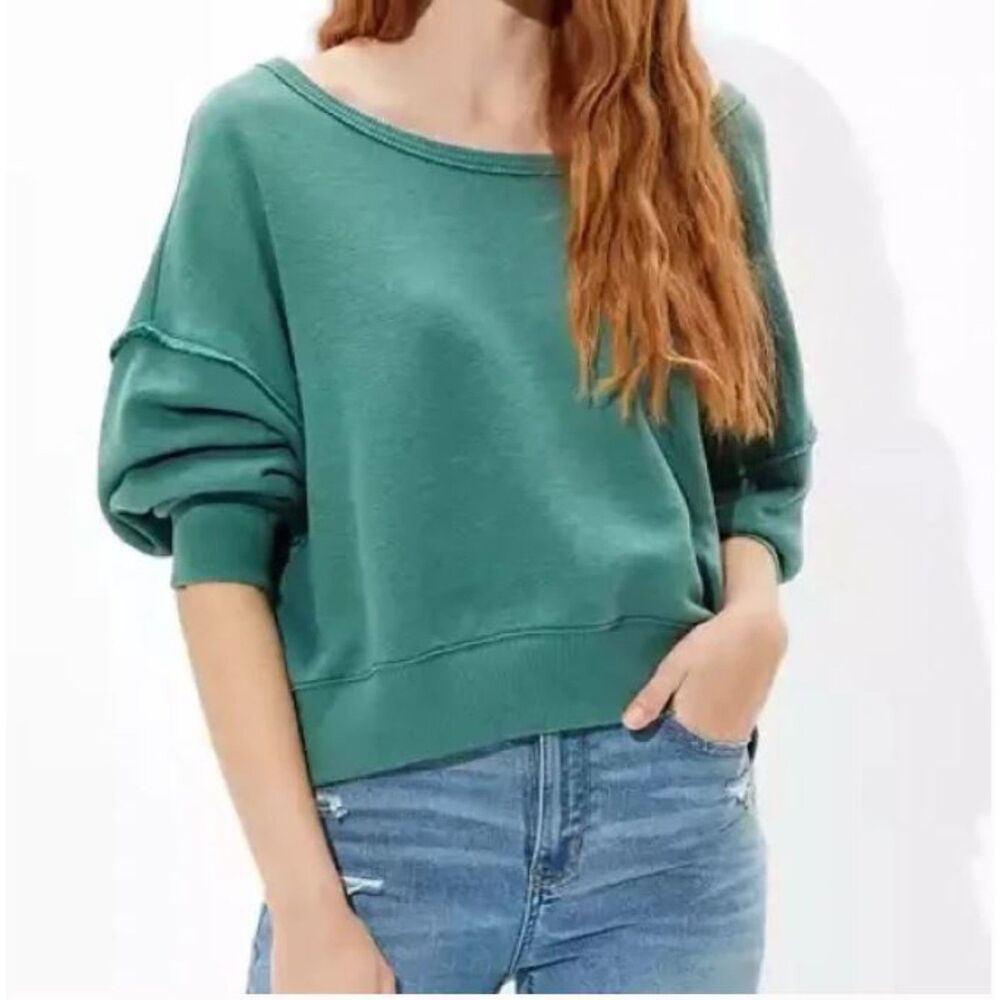 AE American Eagle Sweatshirt S oversized Forever Slouchy crew neck cropped green